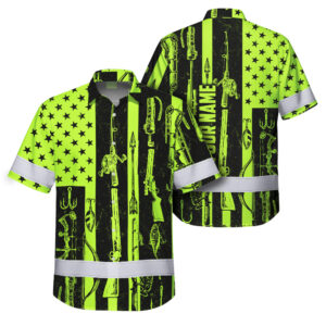 Hi Vis Hawaiian Shirt Reflective Tapes American Flag Hunting Custom Name Safety Workwear For Workers, Truckers, Operators