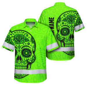Hi Vis Hawaiian Shirt Reflective Tapes Floral Sugar Skull Custom Name Safety Workwear For Workers, Truckers, Operators