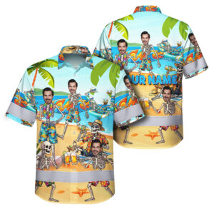 Hi Vis Hawaiian Shirt Reflective Tapes Funny Skeleton Beach Surfing Custom Name And Image Safety Workwear For Workers, Truckers, Operators