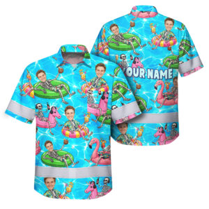 Hi Vis Hawaiian Shirt Reflective Tapes Funny Skeleton Pool Float Custom Name And Image Safety Workwear For Workers, Truckers, Operators