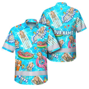 Hi Vis Hawaiian Shirt Reflective Tapes Funny Skeleton Pool Vacation Custom Name And Image Safety Workwear For Workers, Truckers, Operators