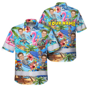 Hi Vis Hawaiian Shirt Reflective Tapes Skeleton Surfing Float Custom Name And Image Safety Workwear For Workers, Truckers, Operators
