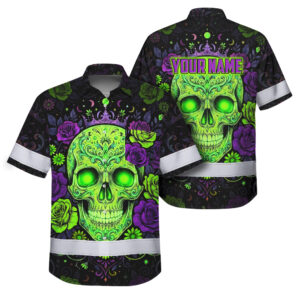 Hi Vis Hawaiian Shirt Reflective Tapes Skull Lime Neon Custom Name Safety Workwear For Workers, Truckers, Operators