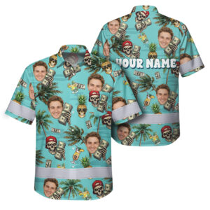 Hi Vis Hawaiian Shirt Reflective Tapes Skull Money Tropical Cocktail Custom Name And Image Safety Workwear For Workers, Truckers, Operators