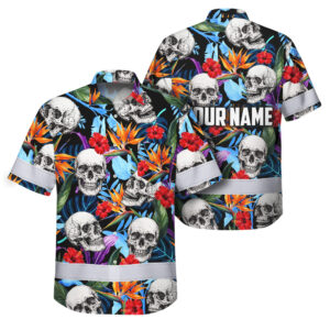 Hi Vis Hawaiian Shirt Reflective Tapes Skull Tropical Custom Name Safety Workwear For Workers, Truckers, Operators