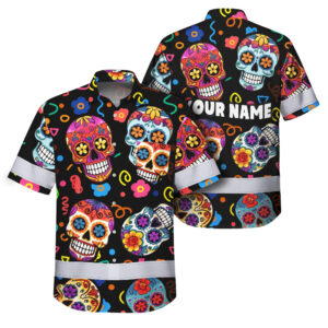 Hi Vis Hawaiian Shirt Reflective Tapes Sugar Skull Colorful Custom Name Safety Workwear For Workers, Truckers, Operators