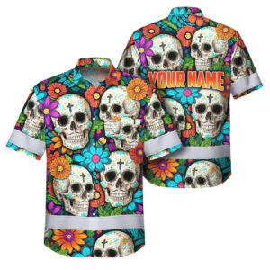 Hi Vis Hawaiian Shirt Reflective Tapes Sugar Skull Colorful Floral Custom Name Safety Workwear For Workers, Truckers, Operators