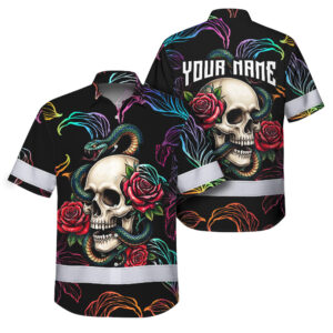 Hi Vis Hawaiian Shirt Reflective Tapes Sugar Skull Floral Gothic Custom Name Safety Workwear For Workers, Truckers, Operators
