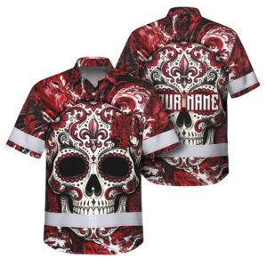 Hi Vis Hawaiian Shirt Reflective Tapes Sugar Skull Red Black Floral Gothic Custom Name Safety Workwear For Workers, Truckers, Operators