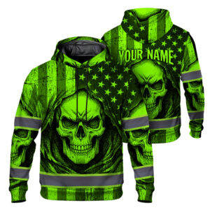 Hi Vis Hoodie Reflective American Flag Skull Custom Name Safety Workwear For Workers, Runners, Cyclists, Trucker, Operator