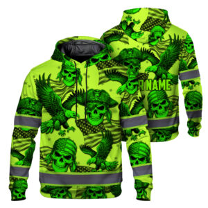 Hi Vis Hoodie Reflective American Flag Skull Eagle Custom Name Safety Workwear For Workers, Runners, Cyclists, Trucker, Operator