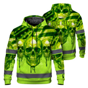 Hi Vis Hoodie Reflective American Flag Skull Gothic Custom Name Safety Workwear For Workers, Runners, Cyclists, Trucker, Operator
