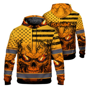 Hi Vis Hoodie Reflective Flaming Skull Gothic American Flag Custom Name Safety Workwear For Workers, Runners, Cyclists, Trucker, Operator