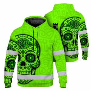 Hi Vis Hoodie Reflective Tapes Floral Sugar Skull Custom Name Safety Workwear For Workers, Truckers, Operators