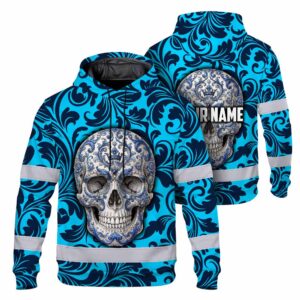 Hi Vis Hoodie Reflective Tapes Skull Blue Neon Custom Name Safety Workwear For Workers, Truckers, Operators