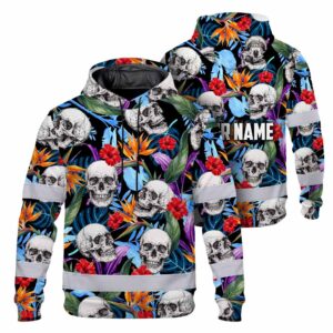 Hi Vis Hoodie Reflective Tapes Skull Tropical Custom Name Safety Workwear For Workers, Truckers, Operators