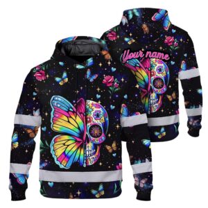 Hi Vis Hoodie Reflective Tapes Sugar Skull Butterfly Custom Name Safety Workwear For Workers, Truckers, Operators