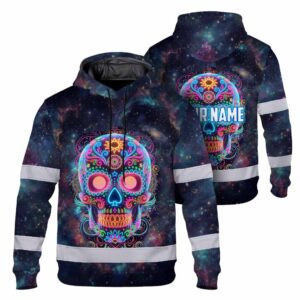 Hi Vis Hoodie Reflective Tapes Sugar Skull Colorful Gothic Custom Name Safety Workwear For Workers, Truckers, Operators
