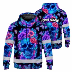 Hi Vis Hoodie Reflective Tapes Sugar Skull Floral Custom Name Safety Workwear For Workers, Truckers, Operators