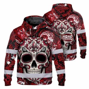 Hi Vis Hoodie Reflective Tapes Sugar Skull Red Black Floral Gothic Custom Name Safety Workwear For Workers, Truckers, Operators