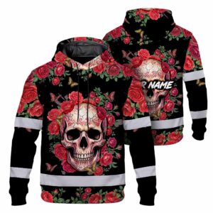 Hi Vis Hoodie Reflective Tapes Sugar Skull Rose Custom Name Safety Workwear For Workers, Truckers, Operators