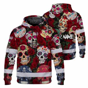 Hi Vis Hoodie Reflective Tapes Sugar Skull Rose Gothic Custom Name Safety Workwear For Workers, Truckers, Operators