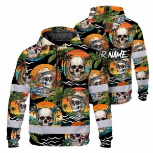 Hi Vis Hoodie Reflective Tapes Sugar Skull Tropical Sunset Custom Name Safety Workwear For Workers, Truckers, Operators