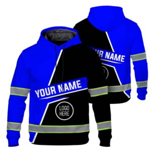 Hi Vis Hoodie Reflective Tapes Uniform Blue Neon 2 Custom Name And Logo Safety Workwear For Workers, Teams, Group, Company