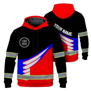Hi Vis Hoodie Reflective Tapes Uniform Blue Neon And Red Custom Name And Logo Safety Workwear For Workers, Teams, Group, Company