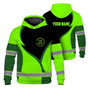 Hi Vis Hoodie Reflective Tapes Uniform Green Neon 3 Custom Name And Logo Safety Workwear For Workers, Teams, Group, Company