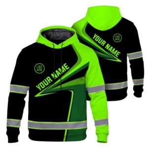 Hi Vis Hoodie Reflective Tapes Uniform  Green Neon 4 Custom Name And Logo Safety Workwear For Workers, Teams, Group, Company