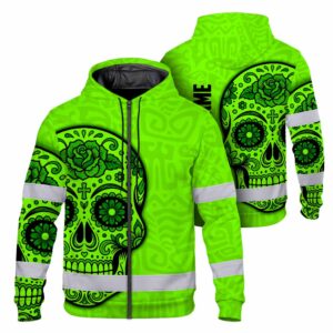 Hi Vis Zip Hoodie Reflective Tapes Floral Sugar Skull Custom Name Safety Workwear For Workers, Truckers, Operators