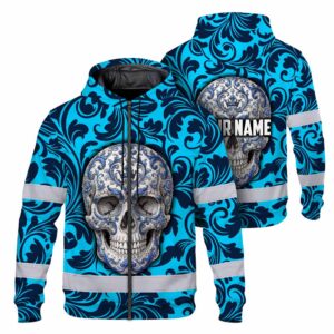 Hi Vis Zip Hoodie Reflective Tapes Skull Blue Neon Custom Name Safety Workwear For Workers, Truckers, Operators