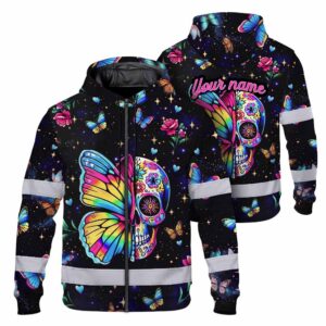 Hi Vis Zip Hoodie Reflective Tapes Sugar Skull Butterfly Custom Name Safety Workwear For Workers, Truckers, Operators
