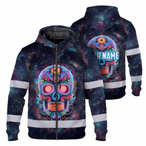 Hi Vis Zip Hoodie Reflective Tapes Sugar Skull Colorful Gothic Custom Name Safety Workwear For Workers, Truckers, Operators