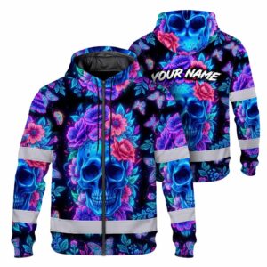 Hi Vis Zip Hoodie Reflective Tapes Sugar Skull Floral Custom Name Safety Workwear For Workers, Truckers, Operators