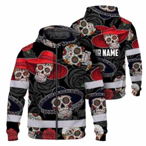 Hi Vis Zip Hoodie Reflective Tapes Sugar Skull Floral Gothic Custom Name Safety Workwear For Workers, Truckers, Operators