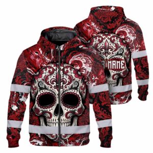 Hi Vis Zip Hoodie Reflective Tapes Sugar Skull Red Black Floral Gothic Custom Name Safety Workwear For Workers, Truckers, Operators