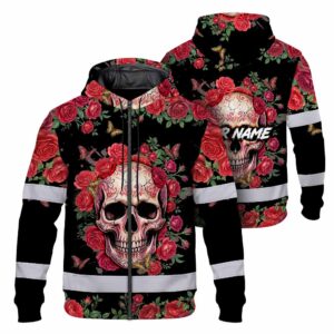 Hi Vis Zip Hoodie Reflective Tapes Sugar Skull Rose Custom Name Safety Workwear For Workers, Truckers, Operators