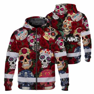 Hi Vis Zip Hoodie Reflective Tapes Sugar Skull Rose Gothic Custom Name Safety Workwear For Workers, Truckers, Operators