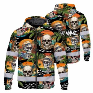 Hi Vis Zip Hoodie Reflective Tapes Sugar Skull Tropical Sunset Custom Name Safety Workwear For Workers, Truckers, Operators