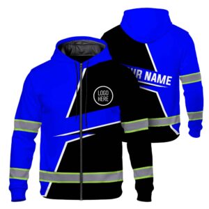 Hi Vis Zip Hoodie Reflective Tapes Uniform Blue Neon 2 Custom Name And Logo Safety Workwear For Workers, Teams, Group, Company