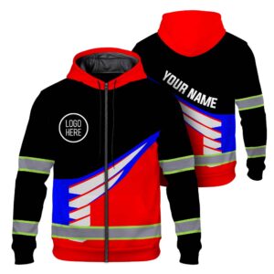 Hi Vis Zip Hoodie Reflective Tapes Uniform Blue Neon And Red Custom Name And Logo Safety Workwear For Workers, Teams, Group, Company