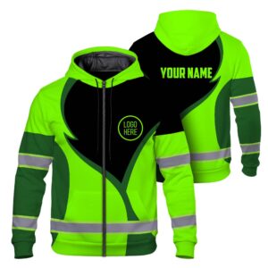 Hi Vis Zip Hoodie Reflective Tapes Uniform Green Neon 3 Custom Name And Logo Safety Workwear For Workers, Teams, Group, Company