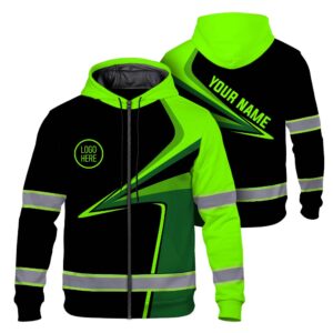 Hi Vis Zip Hoodie Reflective Tapes Uniform  Green Neon 4 Custom Name And Logo Safety Workwear For Workers, Teams, Group, Company