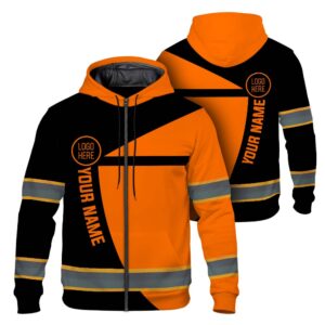 Hi Vis Zip Hoodie Reflective Tapes Uniform Orange Neon 2 Custom Name And Logo Safety Workwear For Workers, Teams, Group, Company