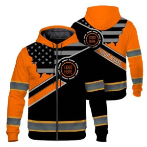 Hi Vis Zip Hoodie Reflective Tapes Uniform Orange Neon 3 Custom Name And Logo Safety Workwear For Workers, Teams, Group, Company