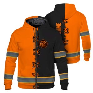 Hi Vis Zip Hoodie Uniform Reflective Black And Orange Neon Custom Name And Logo Safety Workwear For Company, Group, Team
