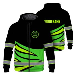 Hi Vis Zip Hoodie Uniform Reflective Black Orange Green Neon Custom Name And Logo Safety Workwear For Company, Group, Team
