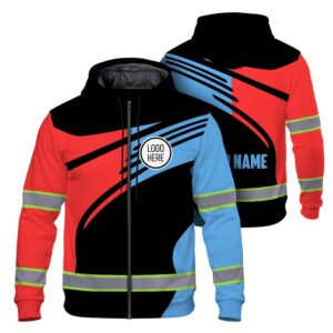 Hi Vis Zip Hoodie Uniform Reflective Black Red Blue Neon Custom Name And Logo Safety Workwear For Company, Group, Team